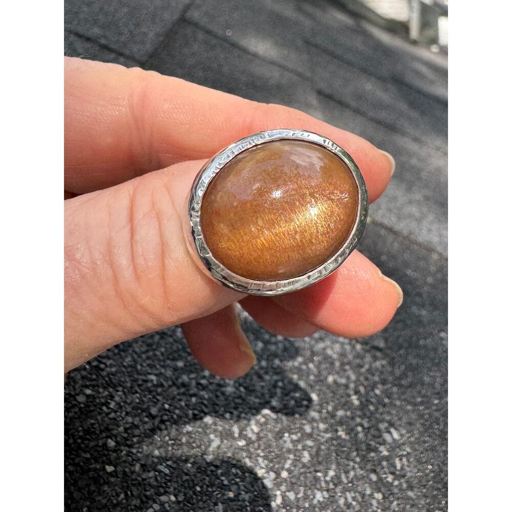 Sunstone Dome Cabochon Hand Hammered Heavy Sterling 925 Silver Ring US Size 7